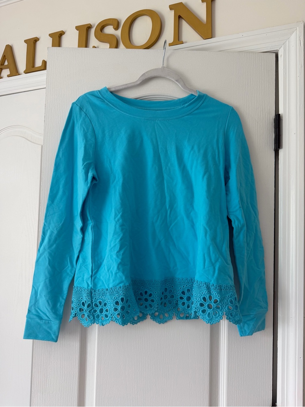 NWT Crown & Ivy Aqua Blue Eyelet Hem Long Sleeve Top XS